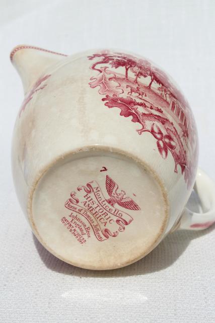 photo of vintage pink red transferware china pitcher, Monticello Historic America Johnson Bros #7