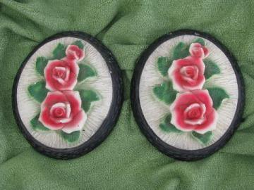 catalog photo of vintage pink roses chalkware wall art plaques, pair 'prints' in frames