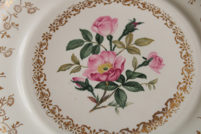 photo of vintage pink roses floral salad or dessert plates, Harker china wild rose, gold lace filigree #3