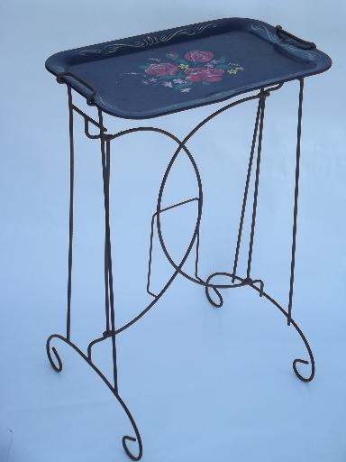 photo of vintage pink roses metal tray table, shabby old wirework plant stand #1