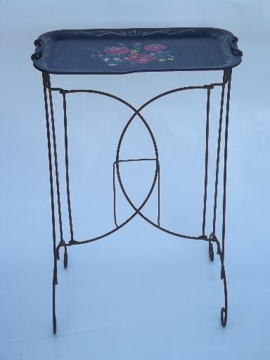 photo of vintage pink roses metal tray table, shabby old wirework plant stand #2