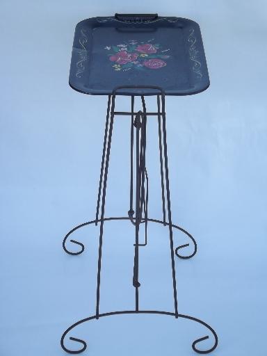 photo of vintage pink roses metal tray table, shabby old wirework plant stand #3