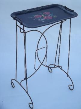 catalog photo of vintage pink roses metal tray table, shabby old wirework plant stand