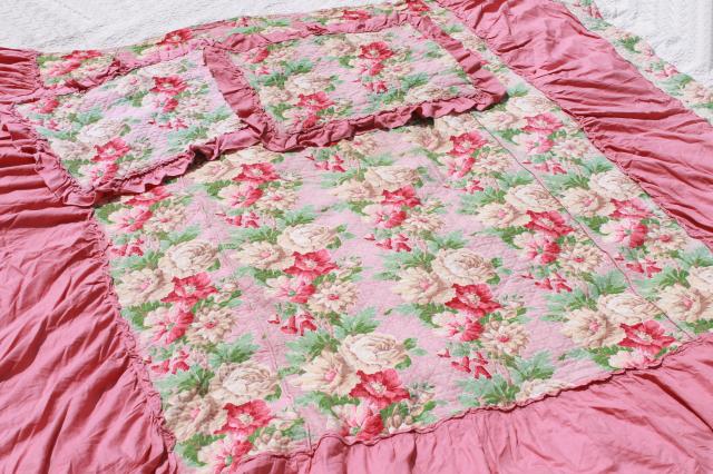 photo of vintage pink roses print cotton barkcloth bedspread set, bed cover & pillow shams #1