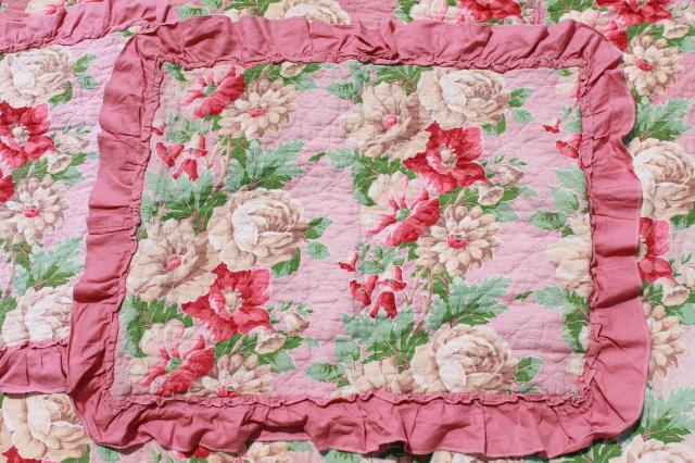 photo of vintage pink roses print cotton barkcloth bedspread set, bed cover & pillow shams #2