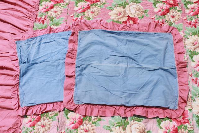 photo of vintage pink roses print cotton barkcloth bedspread set, bed cover & pillow shams #3