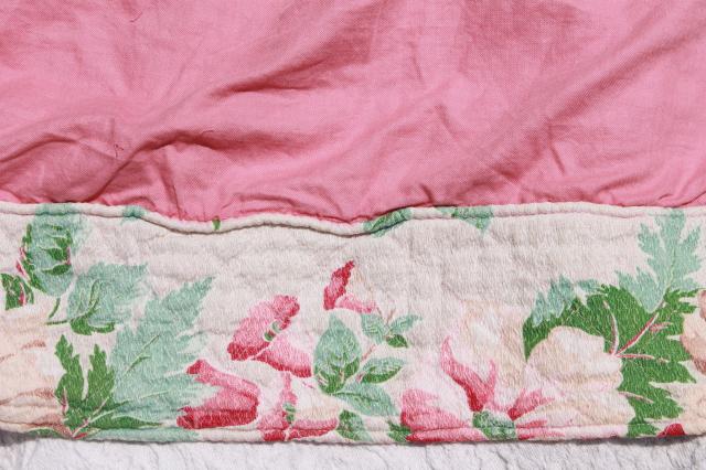 photo of vintage pink roses print cotton barkcloth bedspread set, bed cover & pillow shams #5