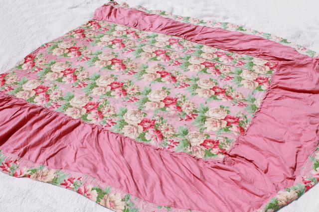 photo of vintage pink roses print cotton barkcloth bedspread set, bed cover & pillow shams #6