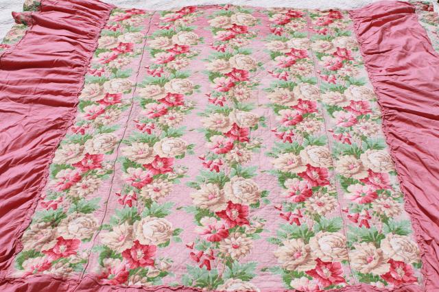 photo of vintage pink roses print cotton barkcloth bedspread set, bed cover & pillow shams #7