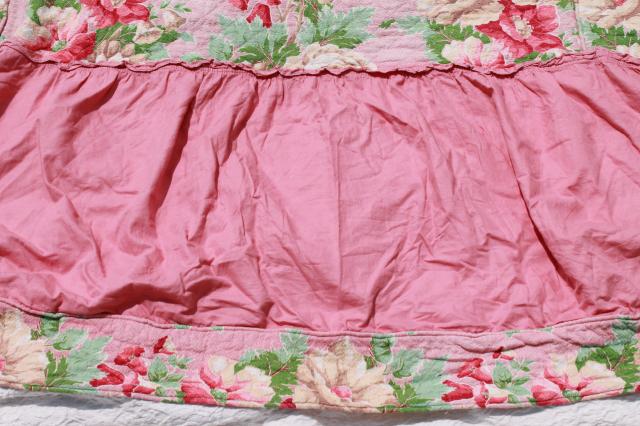 photo of vintage pink roses print cotton barkcloth bedspread set, bed cover & pillow shams #8