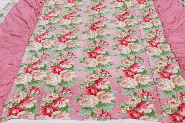 photo of vintage pink roses print cotton barkcloth bedspread set, bed cover & pillow shams #10