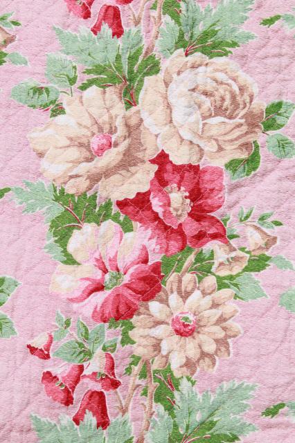 photo of vintage pink roses print cotton barkcloth bedspread set, bed cover & pillow shams #11