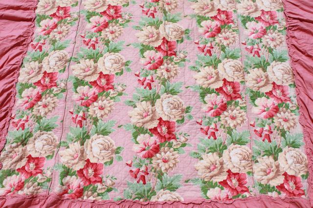 photo of vintage pink roses print cotton barkcloth bedspread set, bed cover & pillow shams #12