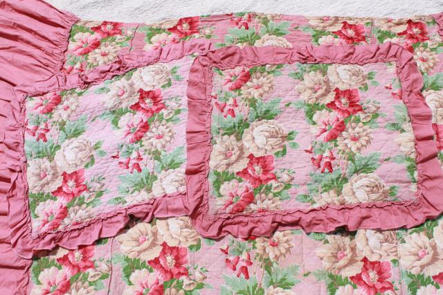 photo of vintage pink roses print cotton barkcloth bedspread set, bed cover & pillow shams #13