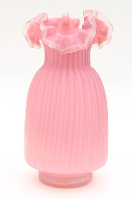 photo of vintage pink satin frosted glass vase, Victorian art glass or Fenton reproduction? #2