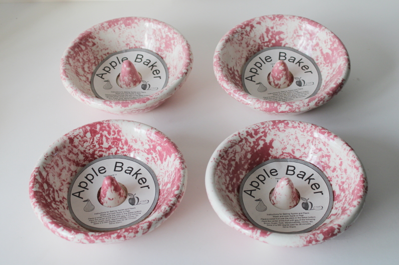 photo of vintage pink spongeware pottery apple baker dishes, oven proof stoneware bowls set new w/ labels  #1