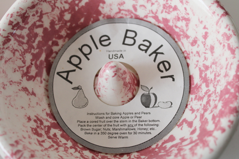 photo of vintage pink spongeware pottery apple baker dishes, oven proof stoneware bowls set new w/ labels #2