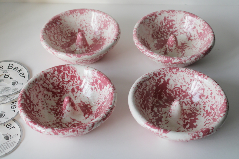 photo of vintage pink spongeware pottery apple baker dishes, oven proof stoneware bowls set new w/ labels #3