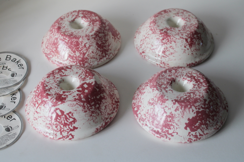 photo of vintage pink spongeware pottery apple baker dishes, oven proof stoneware bowls set new w/ labels #4
