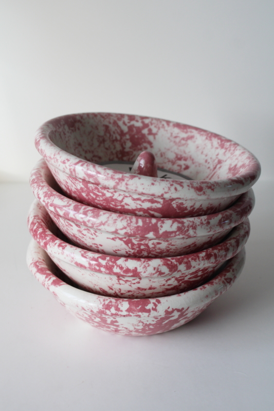 photo of vintage pink spongeware pottery apple baker dishes, oven proof stoneware bowls set new w/ labels #5