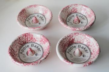 catalog photo of vintage pink spongeware pottery apple baker dishes, oven proof stoneware bowls set new w/ labels 