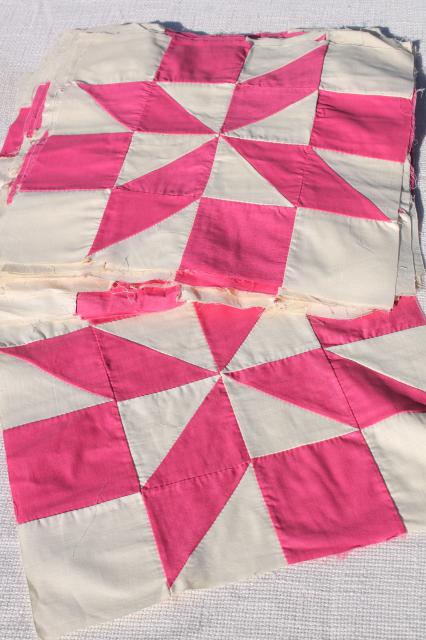 photo of vintage pink & white cotton patchwork quilt blocks, 30 hand stitched pinwheel squares #1