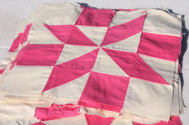 photo of vintage pink & white cotton patchwork quilt blocks, 30 hand stitched pinwheel squares #2