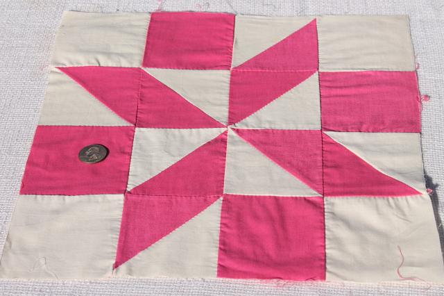 photo of vintage pink & white cotton patchwork quilt blocks, 30 hand stitched pinwheel squares #3