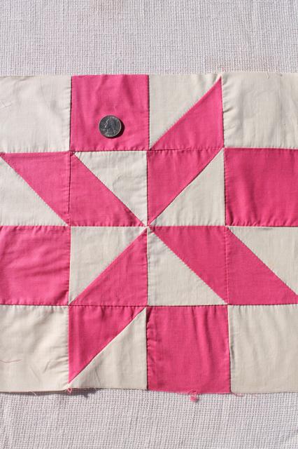 photo of vintage pink & white cotton patchwork quilt blocks, 30 hand stitched pinwheel squares #4