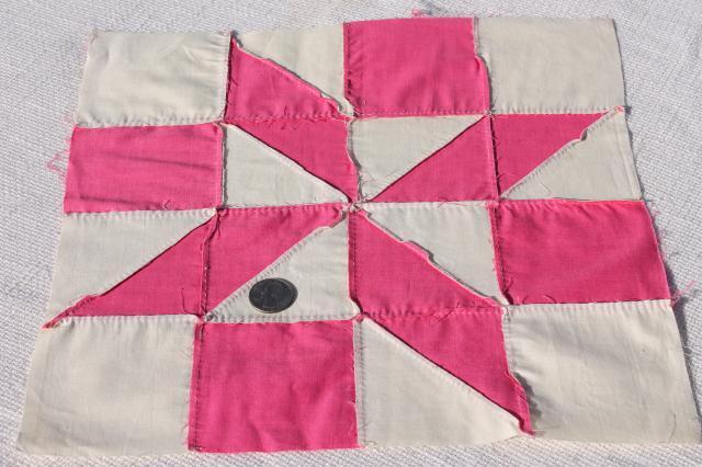 photo of vintage pink & white cotton patchwork quilt blocks, 30 hand stitched pinwheel squares #5