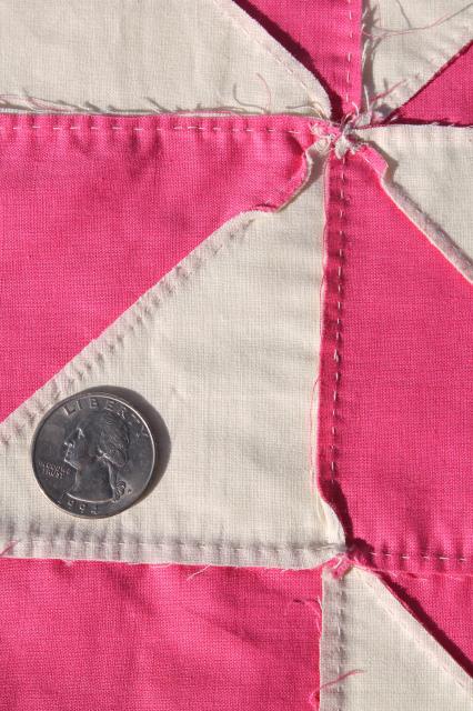 photo of vintage pink & white cotton patchwork quilt blocks, 30 hand stitched pinwheel squares #6