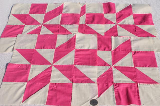 photo of vintage pink & white cotton patchwork quilt blocks, 30 hand stitched pinwheel squares #7