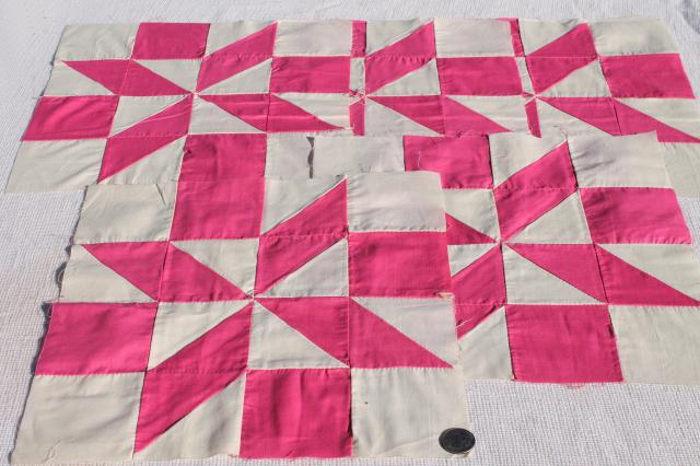 photo of vintage pink & white cotton patchwork quilt blocks, 30 hand stitched pinwheel squares #8