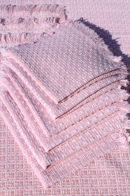photo of vintage pink & white heavy cotton weave handwoven homespun type tablecloth, placemats & napkins #6