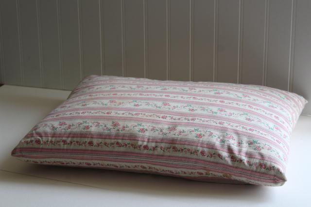 photo of vintage pink & white print floral striped cotton ticking pillow w/ original label #1