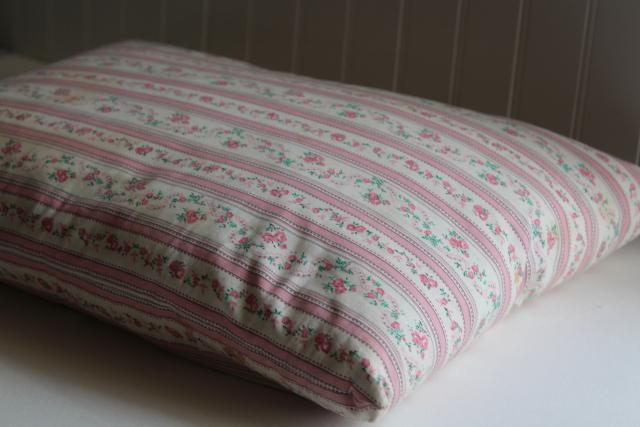 photo of vintage pink & white print floral striped cotton ticking pillow w/ original label #2