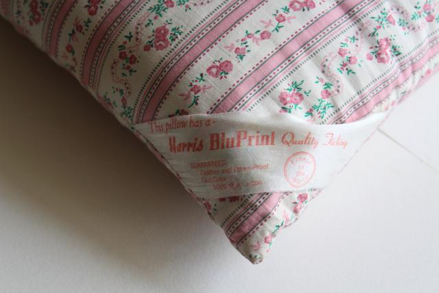 photo of vintage pink & white print floral striped cotton ticking pillow w/ original label #6