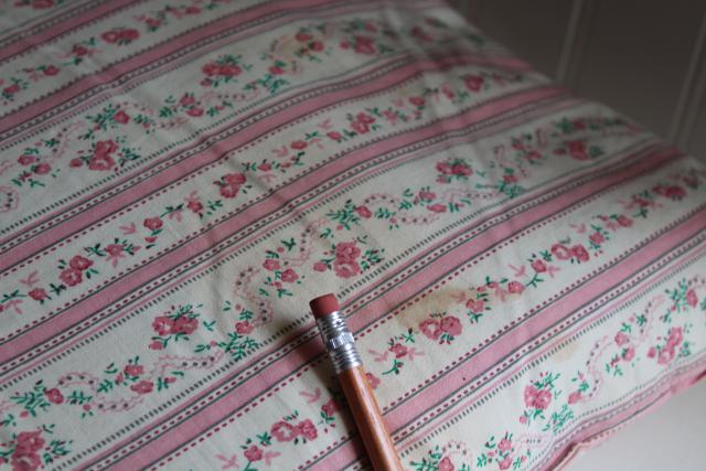 photo of vintage pink & white print floral striped cotton ticking pillow w/ original label #7