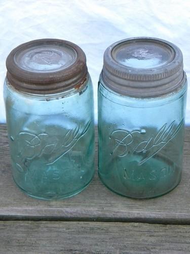 photo of vintage pint size aqua blue fruit jars lot, antique canisters, old ring / glass lids #2