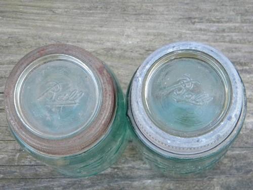 photo of vintage pint size aqua blue fruit jars lot, antique canisters, old ring / glass lids #3