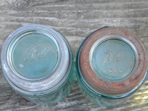 photo of vintage pint size aqua blue fruit jars lot, antique canisters, old ring / glass lids #5