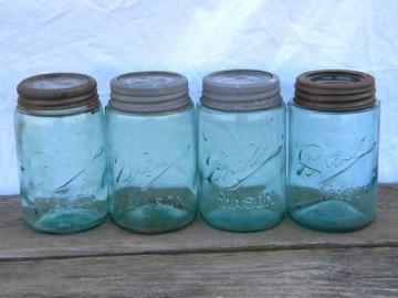 catalog photo of vintage pint size aqua blue fruit jars lot, antique canisters, old ring / glass lids
