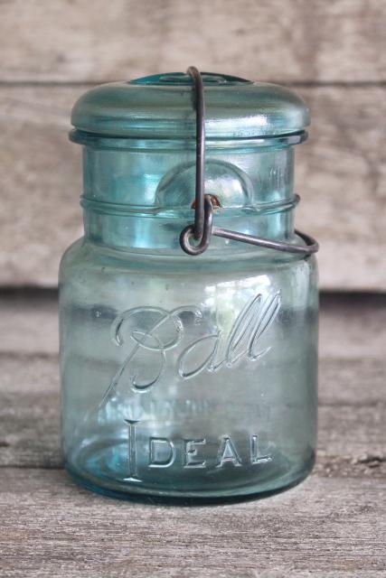 photo of vintage pint size blue glass mason jar w/ bail lid, Ball Ideal 1908 patent date #1