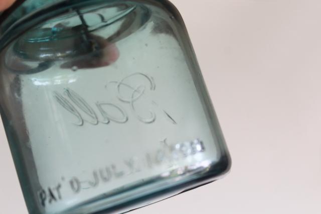 photo of vintage pint size blue glass mason jar w/ bail lid, Ball Ideal 1908 patent date #2