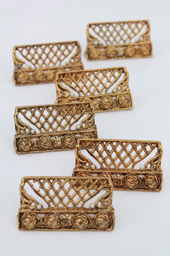 photo of vintage place card holders set, ornate gold metal lattice of roses w/ pearls #1