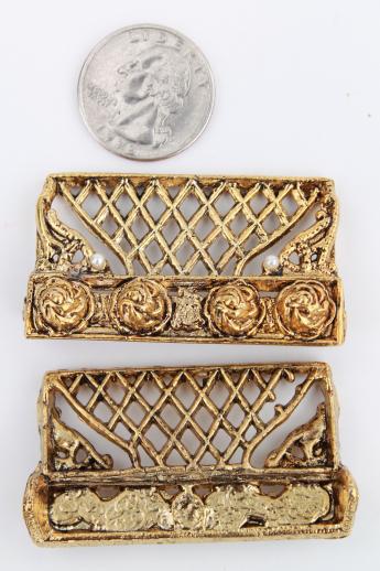 photo of vintage place card holders set, ornate gold metal lattice of roses w/ pearls #7