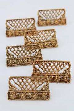 catalog photo of vintage place card holders set, ornate gold metal lattice of roses w/ pearls