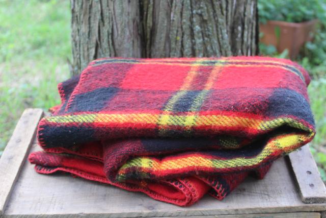 photo of vintage plaid camp blanket throw, red black tartan woven acrylic, softer than wool #1