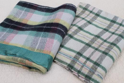 photo of vintage plaid camp blankets, retro jade green / pink / black blanket plaids #1