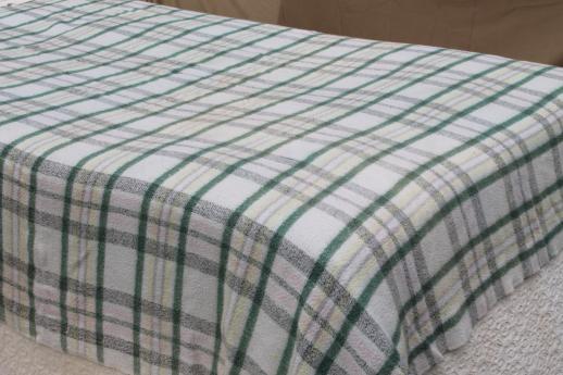 photo of vintage plaid camp blankets, retro jade green / pink / black blanket plaids #5